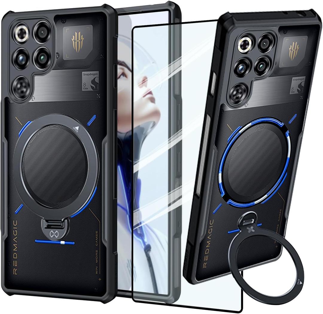 Gaming Case for Red Magic 11 Pro / 11 Pro+ Case with Ring Stand Holder, Military Grade Airbags Shockproof Drop Protection Soft TPU + Hard PC Back Cover [1 Tempered Film], Stand Black