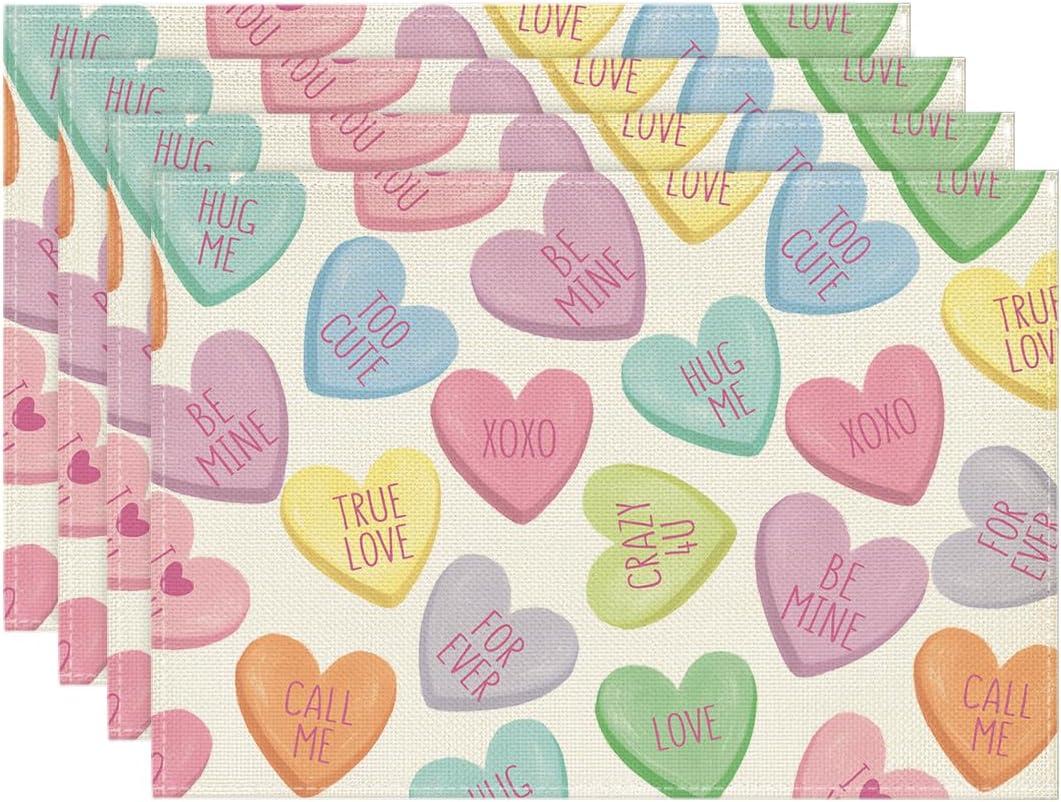 Artoid Mode Ture Love Heart Valentine Placemats Set of 4, 12x18 Inch Seasonal Table Mats for Party Kitchen Dining Decoration (Pink/Blue)