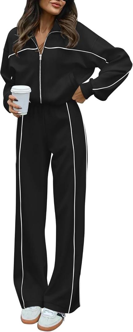 BTFBM Women's Two Piece Tracksuit Spring 2026 Long Sleeve Zip Up Sweatshirt Long Pants Outfits Jogger Sweatsuit Sets (Medium, Black)