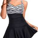 Tempt Me Women Blue Stripe Sexy Cutout One Piece Swimsuits Tummy Control High Waisted Halter Front Tie Knot Bathing Suit XL
