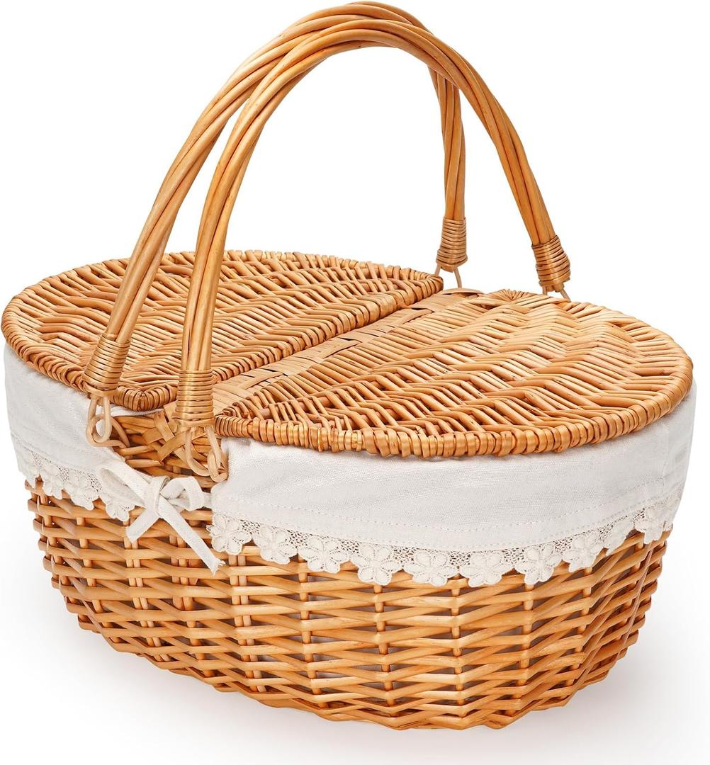 Wicker Picnic Basket with Removable Liner, Empty Picnic Baskets with Lid, Vintage-Style Picnic Hamper with Folding Woven Handle for Picnic, Camping, Outdoor, Halloween, Thanks Giving, Birthday (Cream)