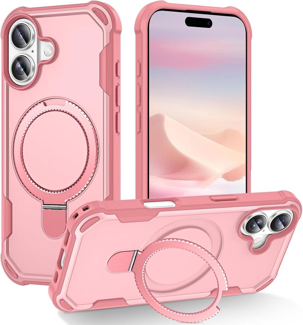 Compatible with iPhone 17 Case with Invisible Magnetic Kickstand [Compatible with MagSafe] [10-FT Military Drop Protection] Slim Hard Back Soft Edge Phone Cover 6.3 Inch, Pink