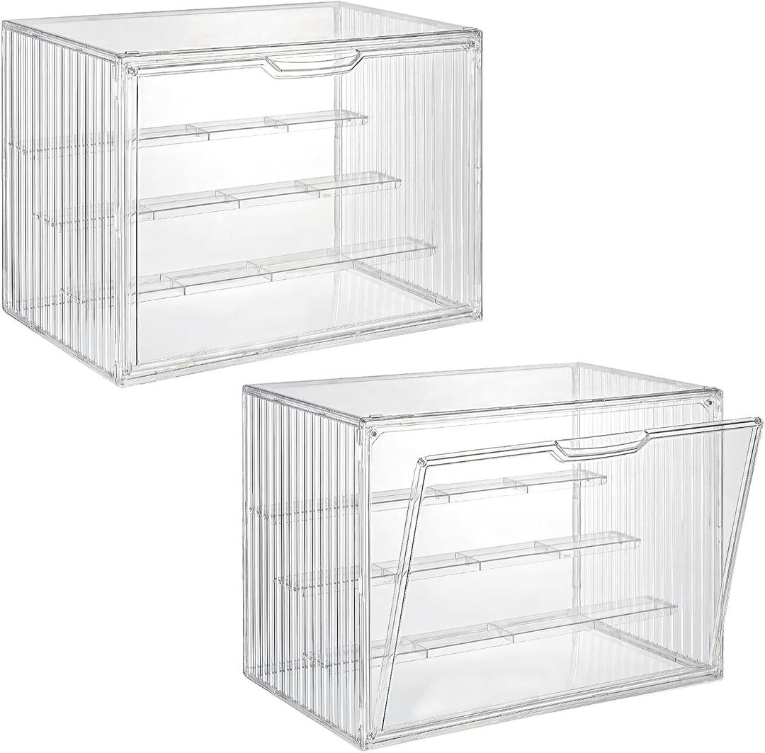 2 Pack Acrylic Display Case, 4 Tier Clear Display Case with Magnetic Door and 3 Adjustable Divider, Stackable Large Figure Display Case for Collectibles Action Figures