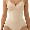 SHAPERX Women's Shapewear Tummy Control Bodysuit with Removable Pads Seamless Sculpting Mid Thigh Body Shaper (Beige (Brief), S/M )