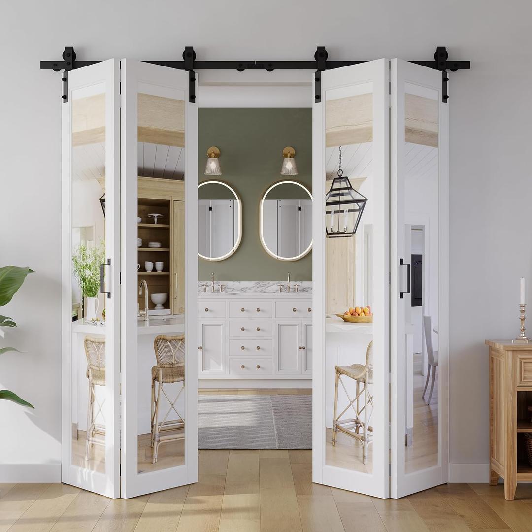 Bifold Barn Door 72"18" x4 x 84", 1 Lites Mirror Panel with Sliding Hardware Kit Set, Pre-drilled Closet Door Slab, 80" Track for 4 Doors, MDF, White,Easy Installation