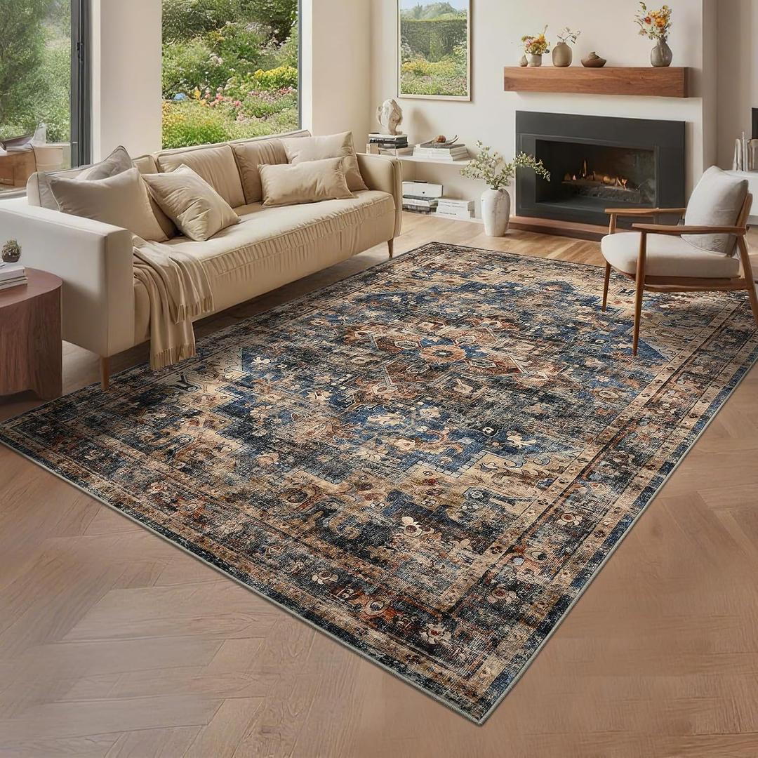 GarveeHome 8x10 Washable Vintage Living Room Area Rug: Vintage Machine Washable Area Rug for Living Room Indoor Large Non-Slip Bedroom Carpet Low Pile Stain Resistant Dining Room Carpet Blue&Brown