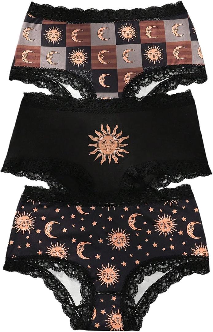 WDIRARA Women's 3 Pack Set Gothic Graphic Print Panties Lace Trim Mid Rise Underwear Briefs (X-Large, Black)