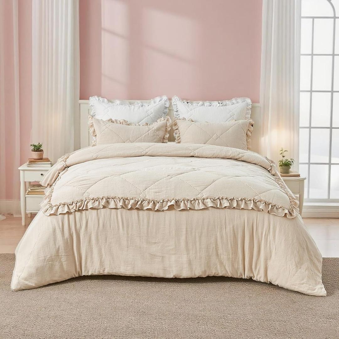 Simple&Opulence 100% Cotton Quilted Duvet Cover Set with Ruffle, 3 Pcs Muslin Gauze Comforter with Microfiber Filling, Shabby Chic Frill Farmhouse Rustic Handmade Stitching Bedding(Khaki, King)