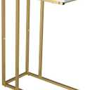 Yusong C Shaped End Table, Couch Side Table That Slide Under Sofa Bed, Small Table for Small Spaces, Skinny Overbed Table for Coffee Drink Snack, Living Room, Gold and White Marbled Wooden Top (Length 18.2)
