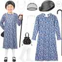 AOTHSO 10 Pcs Kids Old Lady Costume 100 Days of School Costume for Girls Halloween Grandma Dress with Wig Granny Cane for Kid (8-10 Years)