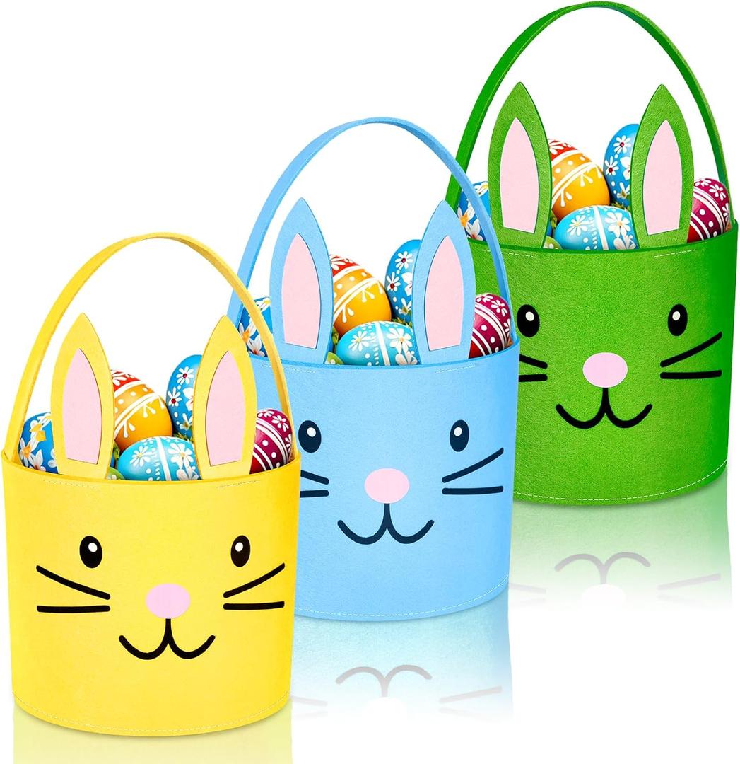 3 Pcs Easter Basket, Felt Cute bunny Tote Bag for Easter Egg Hunts Party Favor Decorations and Candy Gifts Storage (Blue Green Yellow)