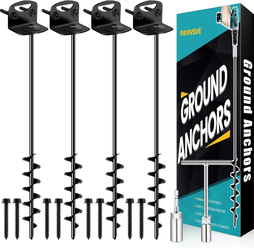 25" Ground Anchors Screw in, Mobile Home Anchors with Upgraded Wider Spiral Blades, Earth Anchors Swing Set Anchors High Wind Heavy Duty for Shed, Trampoline, Carports(Set of 4) (Black)