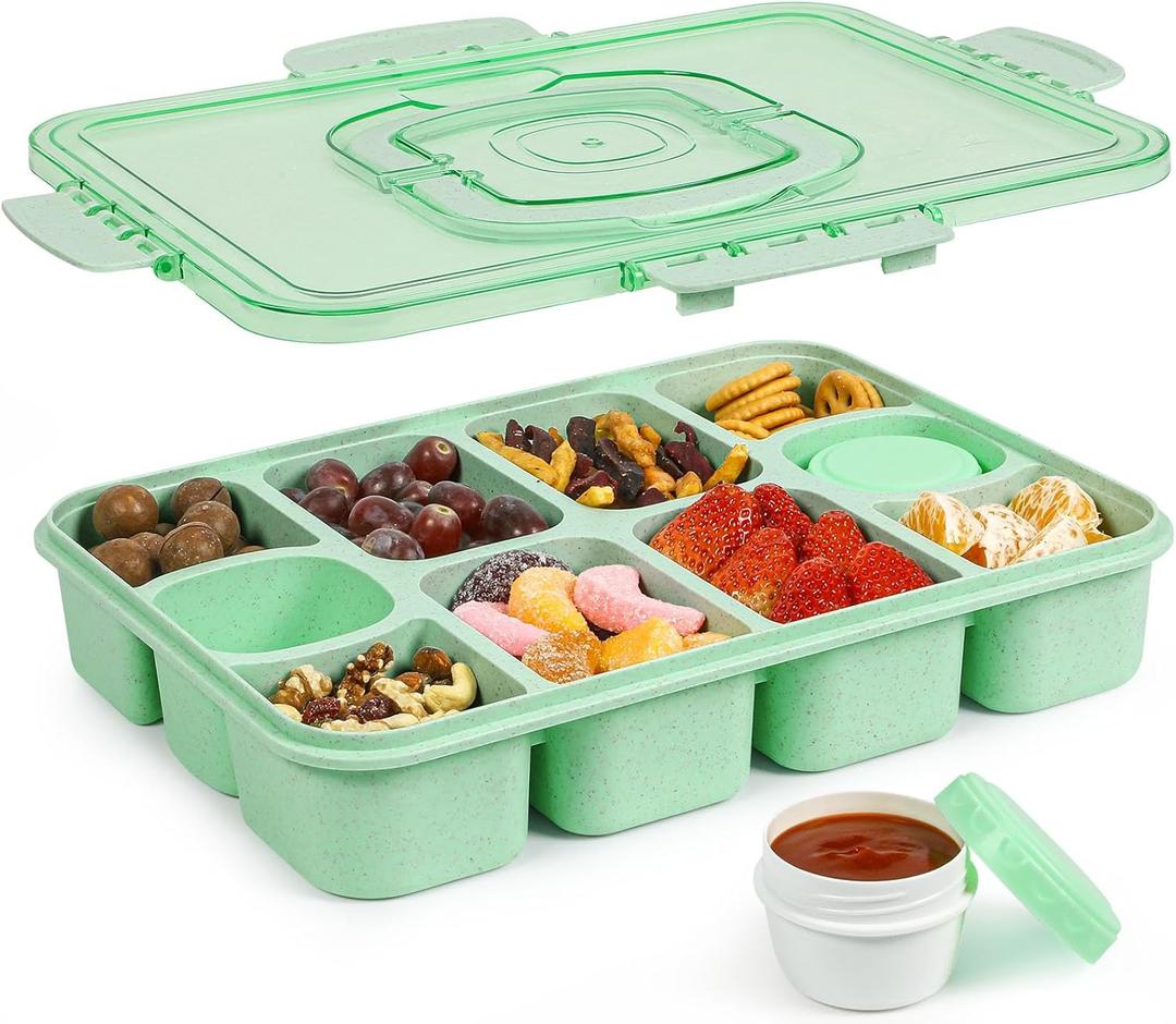 2 x Caperci Snackle Box Container - Large 10-Compartment Divided Serving Tray with Lid and Handle, Built-in 2 Dip Containers, Dishwasher Safe, Leak-Proof, Wheat Straw, BPA-Free (Green)