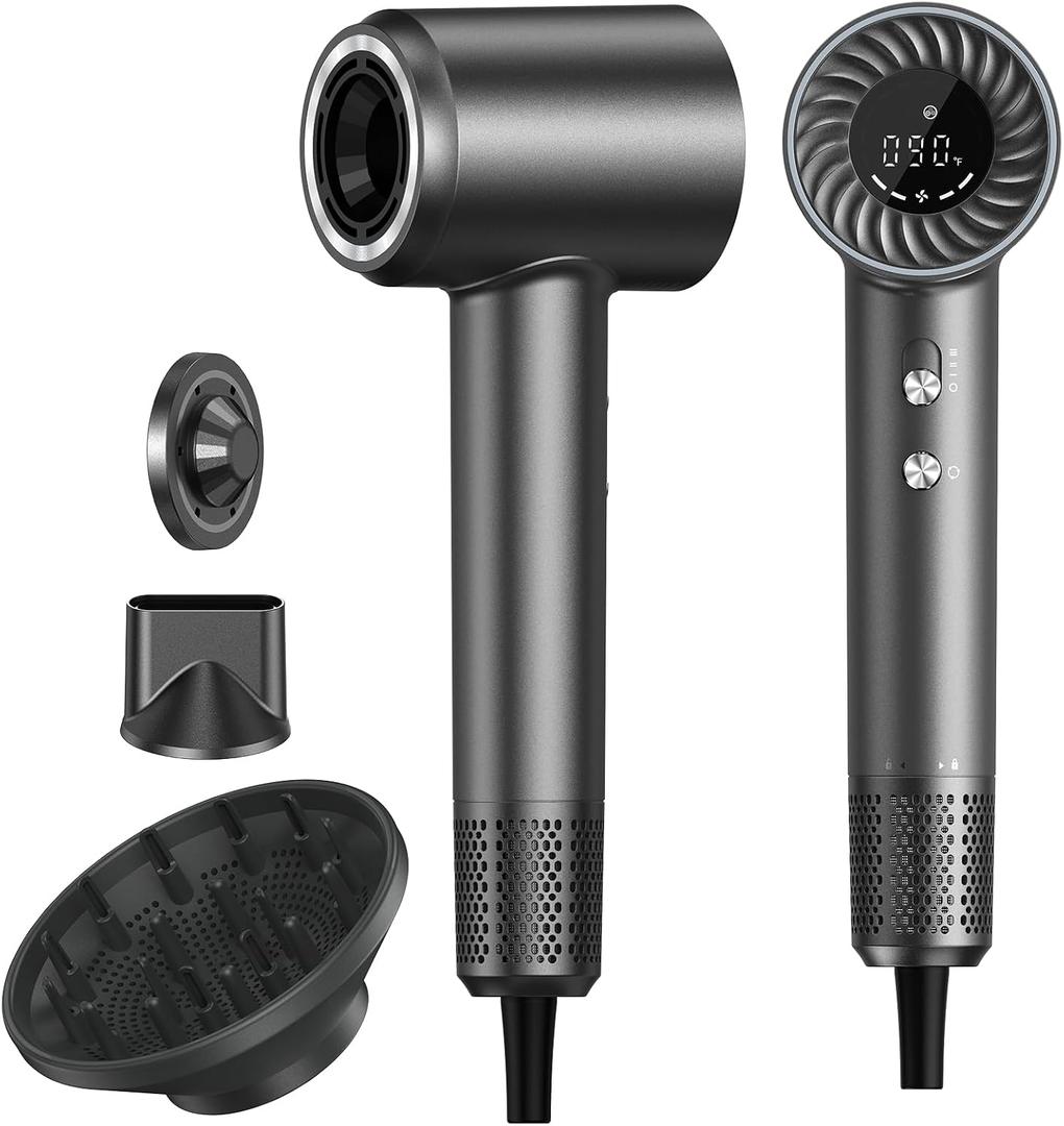 Hair Dryer, 150000 RPM Brushless Motor with 500M Negative Ions, Fast-Dry Lightweight Design, ThermoControl & Magnetic Nozzle/Diffuser, Low Noise Salon Blow Dryer for All Hair, Travel, Home