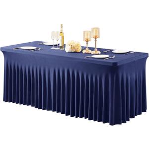 1 Pack Navy Blue Table Clothes for 6 Foot Rectangle Tables, One-Piece Wrinkle Resistant Stretch Spandex Table Covers with Table Skirt for Event Banquet Wedding Birthday Party