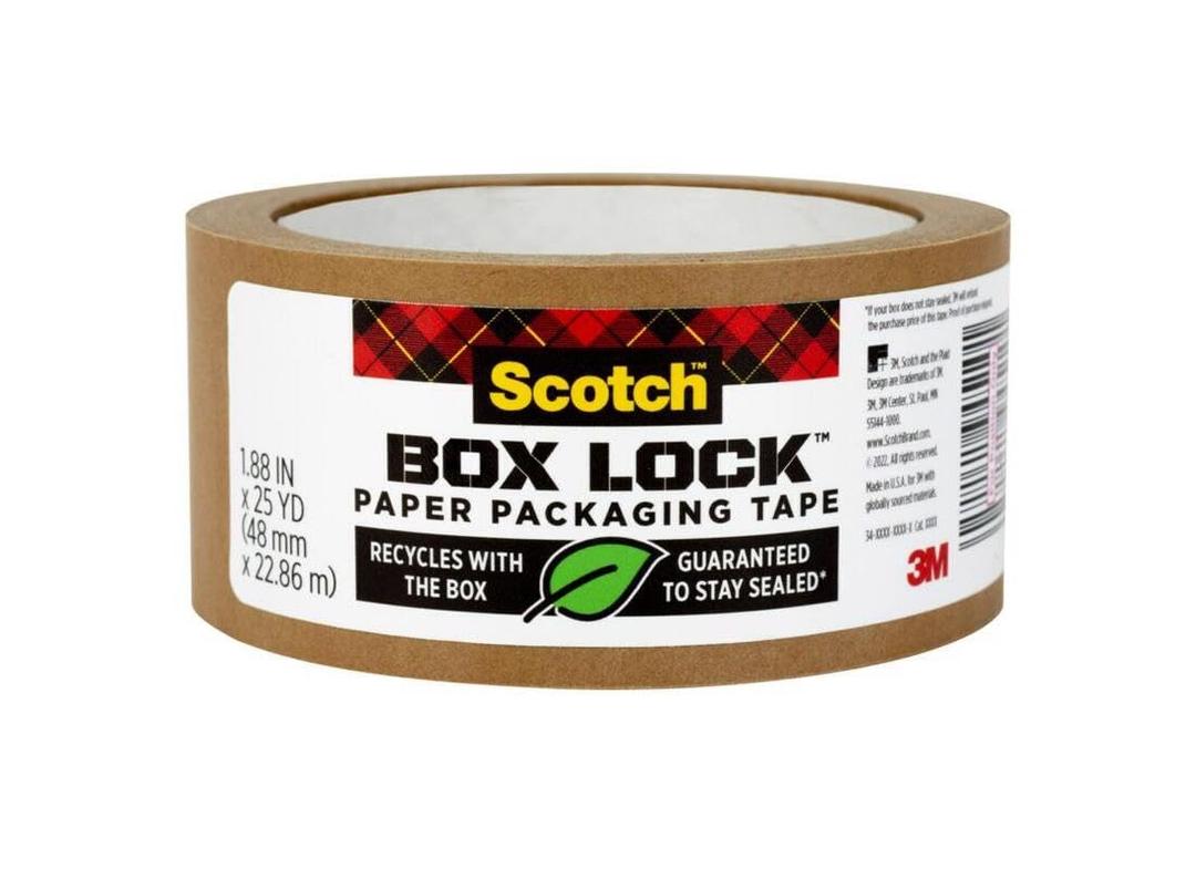 Scotch Box Lock Paper Packing Tape, Kraft Brown, Extreme Grip Kraft Paper Tape That Recycles with The Box, Moving Supplies, 1.88 in. x 25 yd., 1 Tape Roll