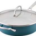 KitchenAid Hard Anodized Ceramic Induction Nonstick Cookware Saute Pan/Jumbo Cooker with Lid and Helper Handle, Dishwasher Safe, 5 Quart Non Stick Sauteuse with Stainless Steel Handles - Agave Blue