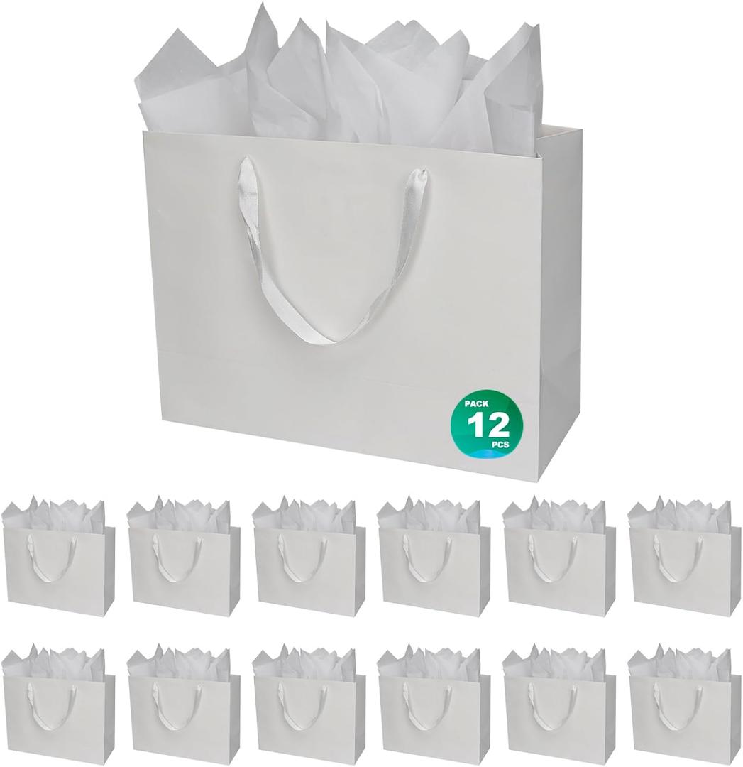 2 x Papertide 12 Pack White Large Gift Bags 13x5x10 inch with Tissue Paper | Reusable Gift Bag Fits Outdoor Gear, Yoga Mats, Stuffed Animals. Premium 250gsm Cardstock, Reinforced Bottom.