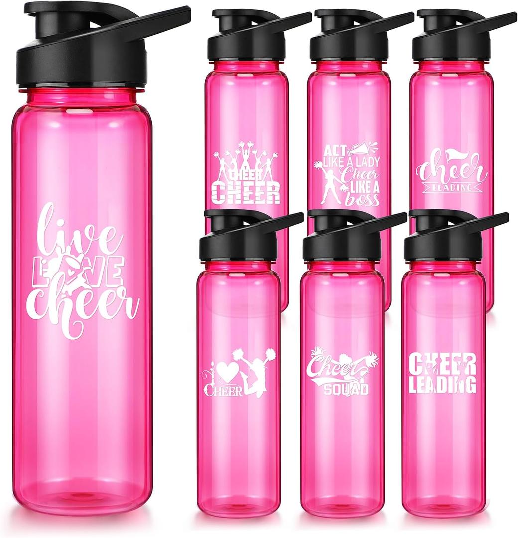 Inbagi 7 Pcs Cheerleader Gifts Bulk Cheer Water Bottle Cheerleader Water Bottle 24 oz Rose Red Plastic Sports Cups Appreciation Gift for Team Staff Women Daughter Student, 7 Styles