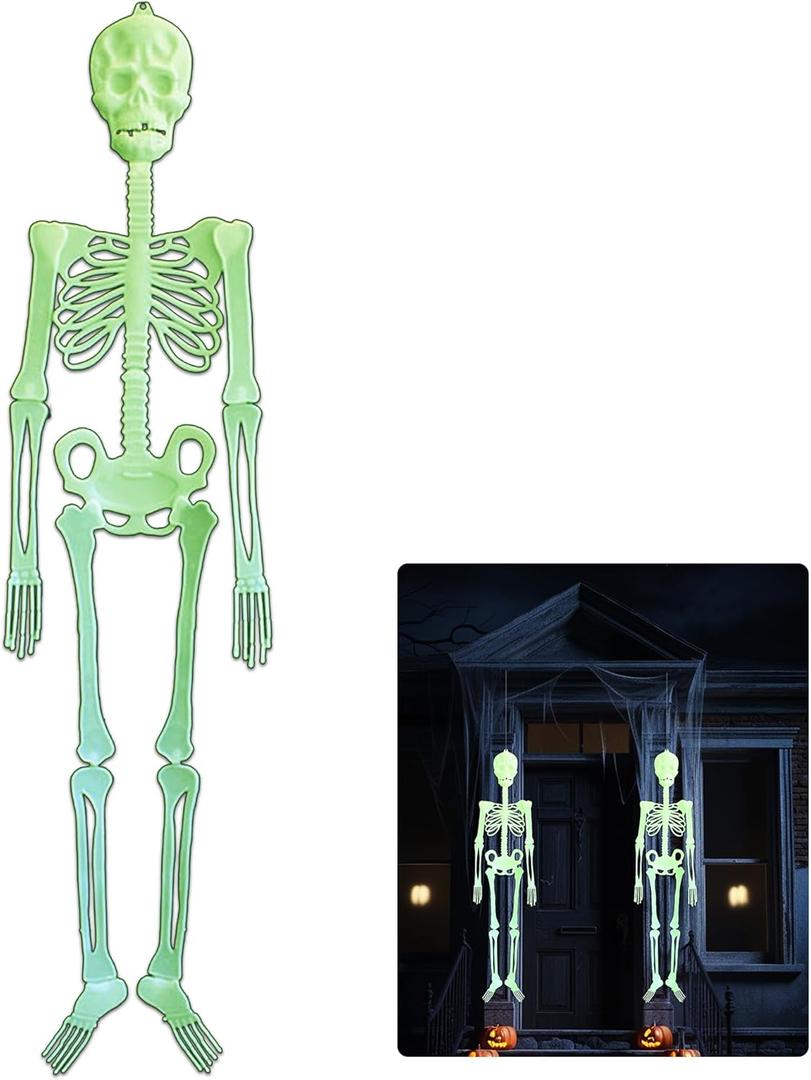 Hanging 4.9 Ft Halloween Skeleton Decorations with Glowing Posable Skeletons,Hanging Skeleton Decoration Glow in The Dark for Garden Party Tree Porch Yard Lawn Indoor Outdoor Decor (2025Green)