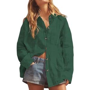 Dookttker Women's Cotton Linen Button Down Shirt V Neck Roll Up Long Sleeve Collared Blouse Loose Fit Casual Work Tops, M