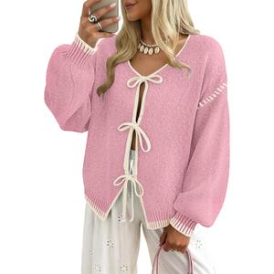 kipfall Womens Bow Tie Front Cardigan Sweaters Long Puff Sleeve Cute Print Jacket Coats 2026 Trendy Fall Winter Outfits (XL)