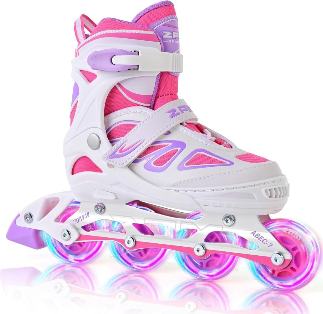 2PM SPORTS Vinal Girls Adjustable Flashing Inline Skates, All Wheels Light Up, Fun Illuminating Skates for Kids Men Adult Women and Boys (X-Large - Adult (9.5W-12W/8.5M-10.5M), White & Pink)