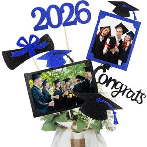 Qinyoung 2026 Graduation Decorations 30 Pcs Glittering Graduation Centerpiece for Tables Sticks Class of 2026 Grad Photo Centerpiece Party Decoration for Table Toppers(Blue)