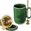 vicrays Ceramic Tea Mug Infuser - Large Cup 16 oz Hot Loose Steeping Handle Teacup with Leaf Infuser Spoon Lid - Tall Glazed Strainer Coffee Mug Microwave Safe - Green