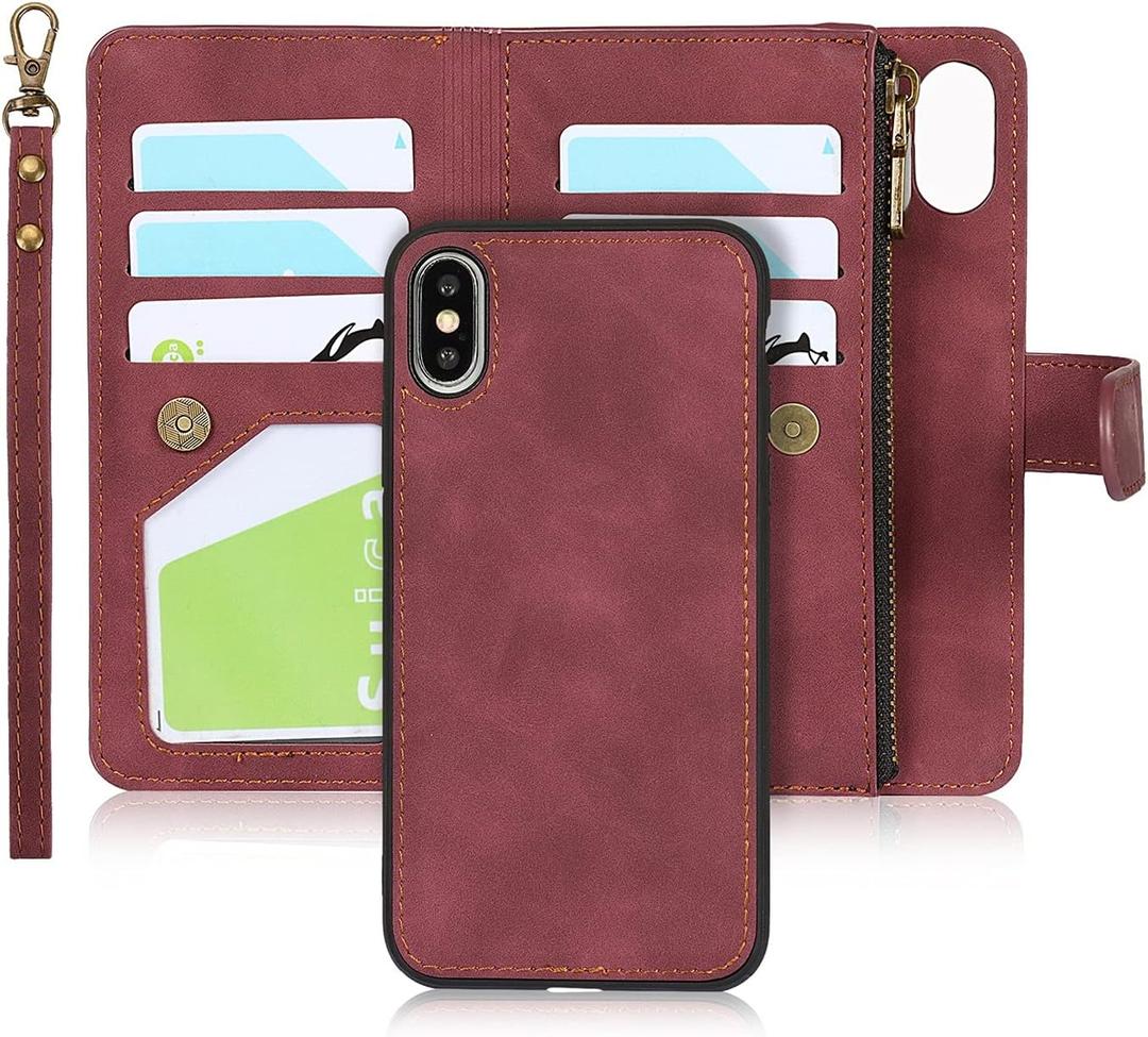 iCoverCase for iPhone X/XS Wallet Case with Card Holder and Wrist Strap, PU Leather Kickstand Card Slots Zipper Pocket Magnetic [Detachable] Flip Cover Case 5.8 Inch (Claret)