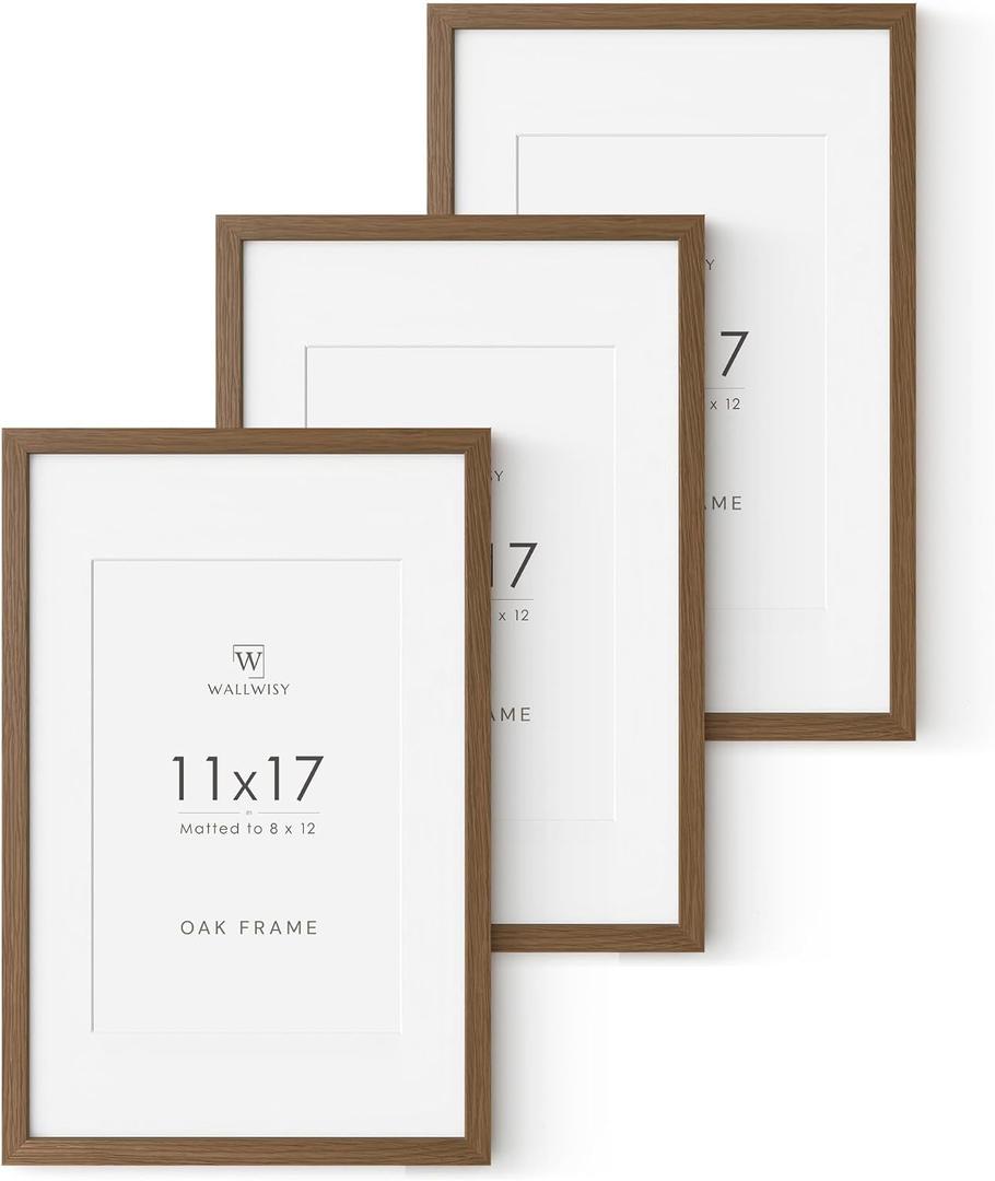 11x17 Oak Picture Frame, Solid Oak 11x17 Poster Frame with Mat to 8x12(Openning Size is 7.5x11.5), Natural Wood 17x11 Frames for Wall, (Walnut Set of 3), 11x17 in - 3P