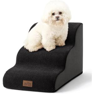 Wide Dog Stairs for Small Dog 15.7" H, Pet Step for Puppy, Older Cat, Curved Ramp for Couch, Durable Anti-Slip Ladder with High Density Foam, 3 Step, 17.7x22.4x15.7 inch, Black