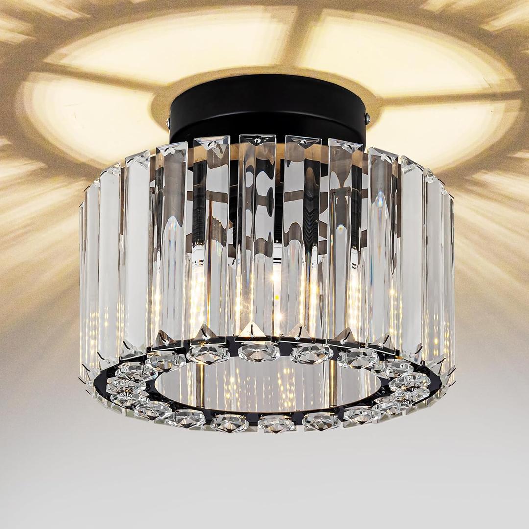 Crystal Ceiling Light, Black Semi Flush Mount Lighting Fixture Modern Chandelier, 8.66 Inch Mini Flush Mount Ceiling Lamp for Hallway Entryway Kitchen Bedroom