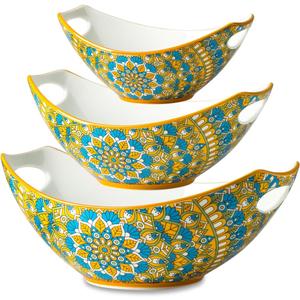 LAUCHUH Serving Dishes for Entertaining, Porcelain Serving Bowls with Handles Bohemian Salad Bowls Set Nesting Bowls for Mother's Day Party, Set of 3, 15/28/49 oz, Blue and Yellow