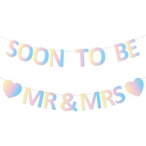 Mr & Mrs Banner Pre-strung Soon To Be Mr and Mrs Sign Glitter Engagement Banner for Bridal Shower Wedding Engagement Bachelorette Party Decorations(Irediscent)