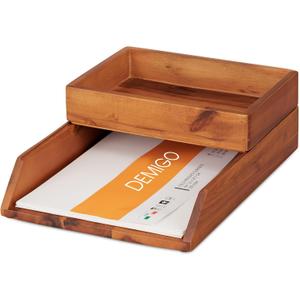 Demigo Desk Organizer Letter Tray Set of 2, Acacia Wood Tabletop Desktop for Storage Paper Letter Folders Notebooks Copy Print, Workspace Holder, Keep Stationery Saver (Brown)