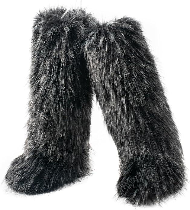 Faux Fur Boots for Women Winter Knee High Furry Snow Boots Fuzzy Fluffy for Girls Flat Long Boots (7 Wide)