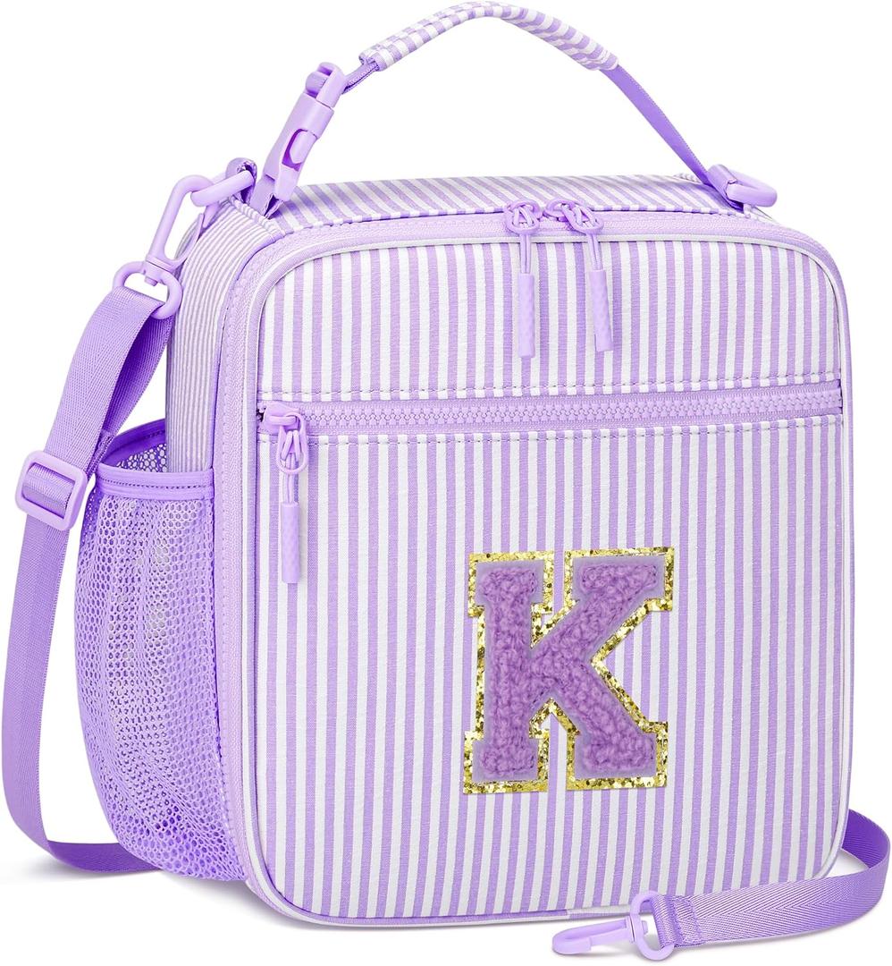 Insulated Lunch Bag for Kids - Initial Cute Leak-Proof Lunch Box for Girls with Adjustable Strap, Back to School Gift (K,Purple)