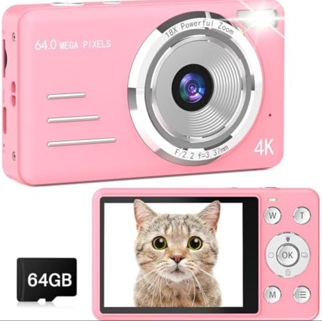 Digital Camera, 4K 64MP UHD 18X Autofocus Digital Zoom with 64GB Micro SD Card 2.8 Inch IPS Screen, Portable Compact Point and Shoot Vlogging Camera for Photography Teens Beginner Adult, Pink