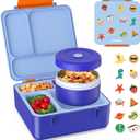 Bento Box for Kids, Lunch Box with Sticker and Leak-Proof Vacuum Food Jar, 4 Compartment BPA-Free Toddler Bento Box for School, Machine-Washable and Removable Compartments for Boy(Blue)