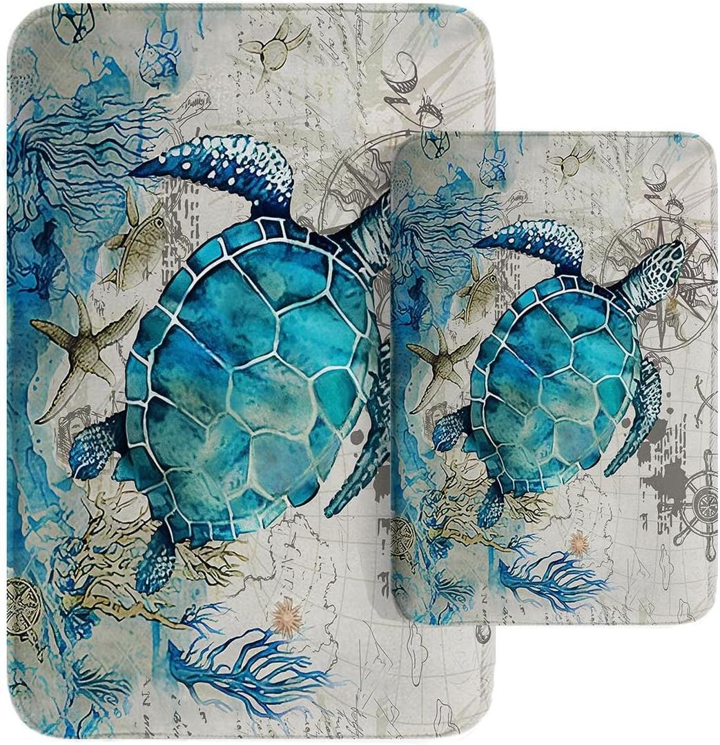 Britimes Bathroom Rug Mat Set of 2, Mats Rugs No Silp sea Turtle Teal Ocean Bath Mat Bathroom Decorations Carpets 16x24 and 20x32 Inches for Kitchen Bedroom Indoor