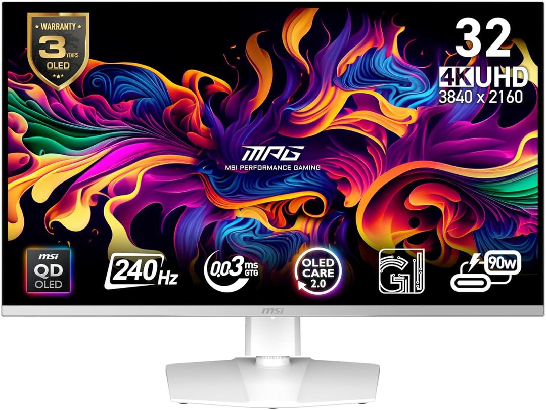 msi MPG 321URXW QD-OLED 31.5 Inch 4K UHD Gaming Monitor - 3840 x 2160 Quantum Dot OLED Panel, 240Hz / 0.03ms, 99% DCI-P3, E2, DisplayHDR True Black 400, KVM, RGB - DP 1.4a, HDMI 2.1, USB Type-C 98W