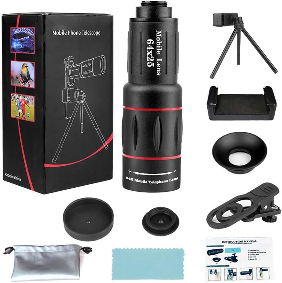 64X Zoom Mobile Phone Telephoto Lens with Tripod & Phone Clamp - HD FMC Monocular Lens for Long Distance Photography, Bird Watching, Sports & Vlogging (Universal Smartphone Lens)