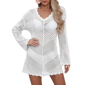 Women Swimsuit Summer Long Sleeve Crochet Knit Bathing Suit Beach Cover Up Hollow Out Sexy See Through Dress (Medium)