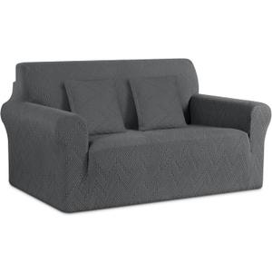 Ruaozz Stretch Loveseat Sofa Cover 1 Piece Couch Covers for 2 Cushion Couch Non Slip Loveseat Slipcover Soft Jacquard Furniture Protector with 2 pcs Throw Pillow Covers (2 Seater, Dark Gray)