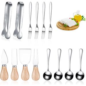 Patelai 14 Pcs Cheese Spreader Knives Set for Charcuterie Board Charcuterie Accessories Utensils Butter Knife Small Serving Spoons Tiny Tongs and Forks for Birthday(Wood Handle)