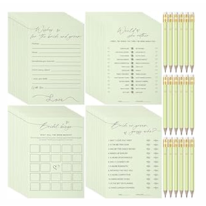Sinload 132 Pieces Wedding Shower Games Bridal Shower Favors for 30 Guests Including 120 Wedding Games Cards and 12 Pencils for Bride Groom Bachelorette Party Favor(Sage Green)