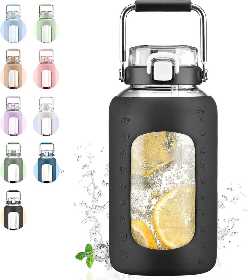 84oz Glass Water Bottle with Stainless Steel Handle,2.5L Gallon Water Bottle with 2-IN-1 Straw Lid, Silicone Sleeve and Motivational Capacity Marker, Wide Mouth Water Jug For Gym, Workout, Black (84 Ounces)