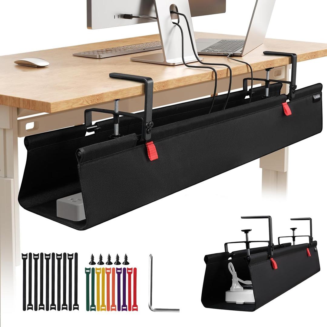 Under Desk Cable Management Tray with Clamp, No Drill 48" Cord Organizer for Desk, Desk Cable Management Fabric Tray for Standing Desks, Ideal for Home & Office - Black