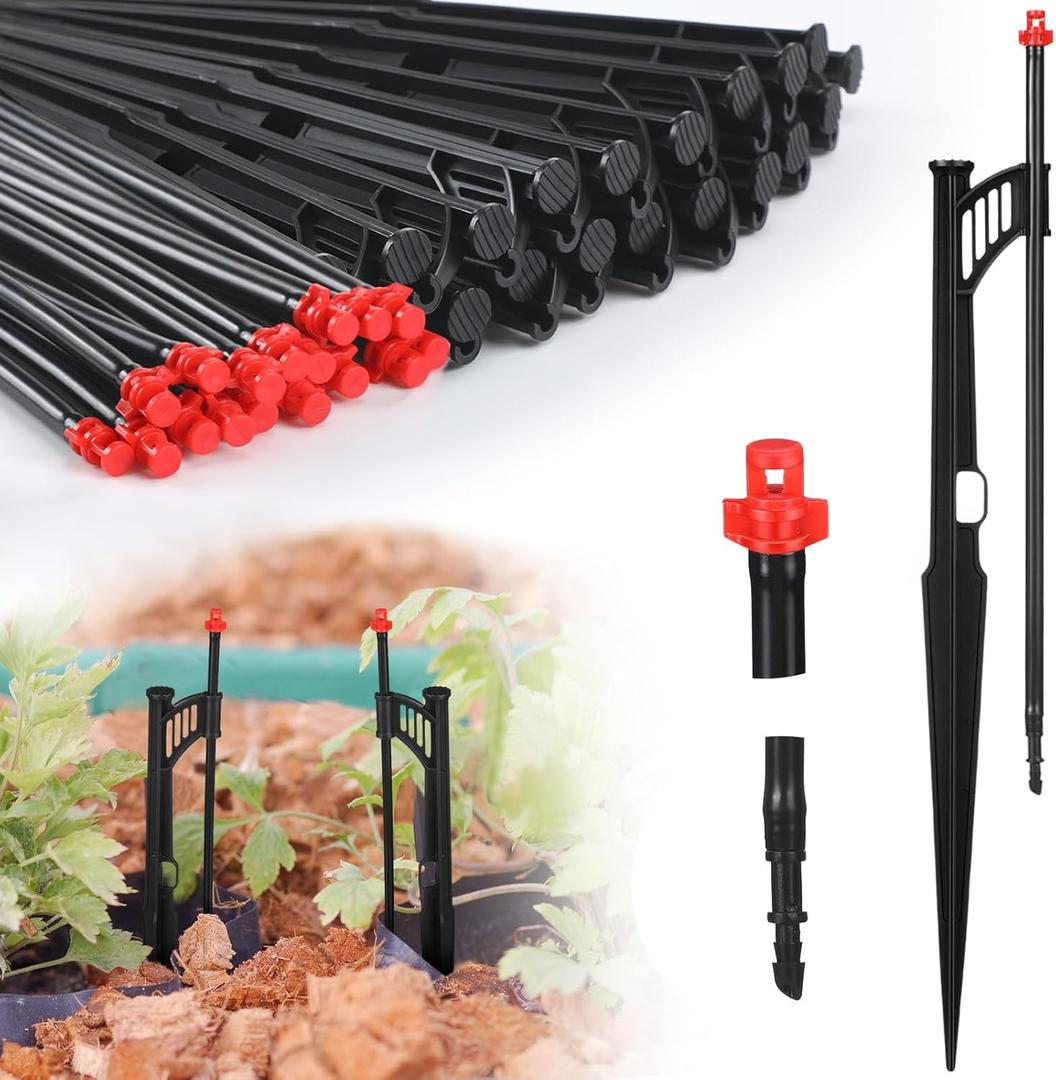25 Pcs 12.8 Inch Drip Irrigation Stakes with 360 Degree Sprayer Emitters and Sprinkler Extension Riser for 1/4 Inch Drip Tubing Micro Sprinkler Heads Stakes for Garden Watering System, Red